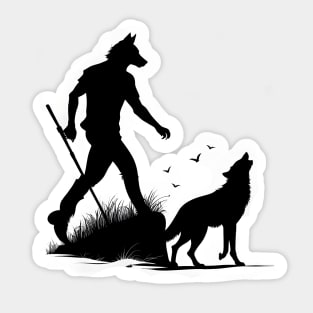 Moonlit Encounter: Wolf and Werewolf Silhouettes Sticker